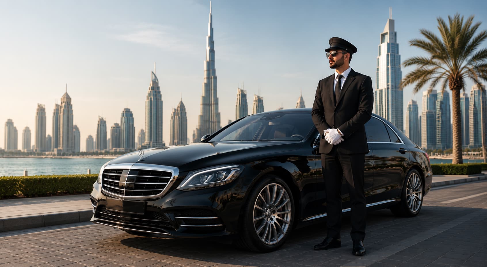 Professional chauffeur standing beside a luxury car
